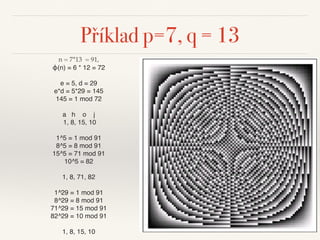 Příklad p=7, q = 13
n = 7*13 = 91,
ϕ(n) = 6 * 12 = 72
e = 5, d = 29
e*d = 5*29 = 145
145 = 1 mod 72
a h o j
1, 8, 15, 10
1^5 = 1 mod 91
8^5 = 8 mod 91
15^5 = 71 mod 91
10^5 = 82
1, 8, 71, 82
1^29 = 1 mod 91
8^29 = 8 mod 91
71^29 = 15 mod 91
82^29 = 10 mod 91
1, 8, 15, 10
 