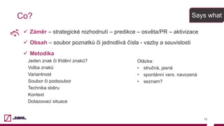 ü  Záměr – strategické rozhodnutí – predikce – osvěta/PR – aktivizace
ü  Obsah – soubor poznatků či jednotlivá čísla - vazby a souvislosti
ü  Metodika
Jeden znak či třídění znaků?
Volba znaků
Variantnost
Soubor či podsoubor
Technika sběru
Kontext
Dotazovací situace
13
Co? Says what
Otázka:
•  stručná, jasná
•  spontánní vers. navozená
•  seznam?
 