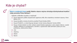 Která z uvedených kauz podle Vašeho názoru nejvíce ohrožuje důvěryhodnost koaliční
vlády premiéra Petra Nečase?
Vyberte a klikněte na jednu z možností
a)  Kauza sledování politiků bezpečnostní agenturou ABL dříve vlastněnou ministrem dopravy Vítem
Bártou (VV)
b)  Kauza bývalého ministra životního prostředí Pavla Drobila (ODS)
c)  Kauza ProMoPro, ve které figuruje stávající ministr obrany Alexandr Vondra (ODS)
d)  Kauzy ministra školství za Věci veřejné Josefa Dobeše (spekulace o jeho údajné milence, vysoké
odměny některým ze zaměstnanců, obvinění z vypracování části seminární práce pro svou
podřízenou, drahé promo fotky)
e)  Jiná
f)  Všechny
g)  Žádná
h)  Nevím
7
Kde je chyba?
 