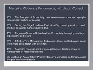 Mastering Workplace Performance, with Jason Womack

15%     The Principles of Productivity: How to combine personal working styles
with company culture for success

20%    Setting the Stage for a More Productive Day: Knowing what you need
and how to plan for more productive days

15%     Engaging Others in Upleveling their Productivity: Managing meetings,
expectations and results

30%     Effective Time Management Techniques: 5 tools and techniques to use
to get more done, faster, with less effort

15%   Assessing Progress and Enhancing Structure: Tracking resource
management for measurable results

5% Building an Accountability Program: Identify a workplace performance goal
and plan for implementation
                                                                                 1
 