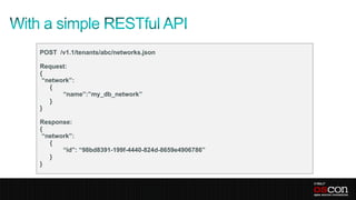 POST /v1.1/tenants/abc/networks.json

Request:
{
 “network”:
   {
       “name”:”my_db_network”
   }
}

Response:
{
 “network”:
   {
       “id”: “98bd8391-199f-4440-824d-8659e4906786”
   }
}
 