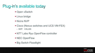 Open vSwitch
 Linux bridge
 Nicira NVP
 Cisco (Nexus switches and UCS VM-FEX)
 - WIP: VXLAN

 NTT Labs Ryu OpenFlow controller
 NEC OpenFlow
 Big Switch Floodlight
 