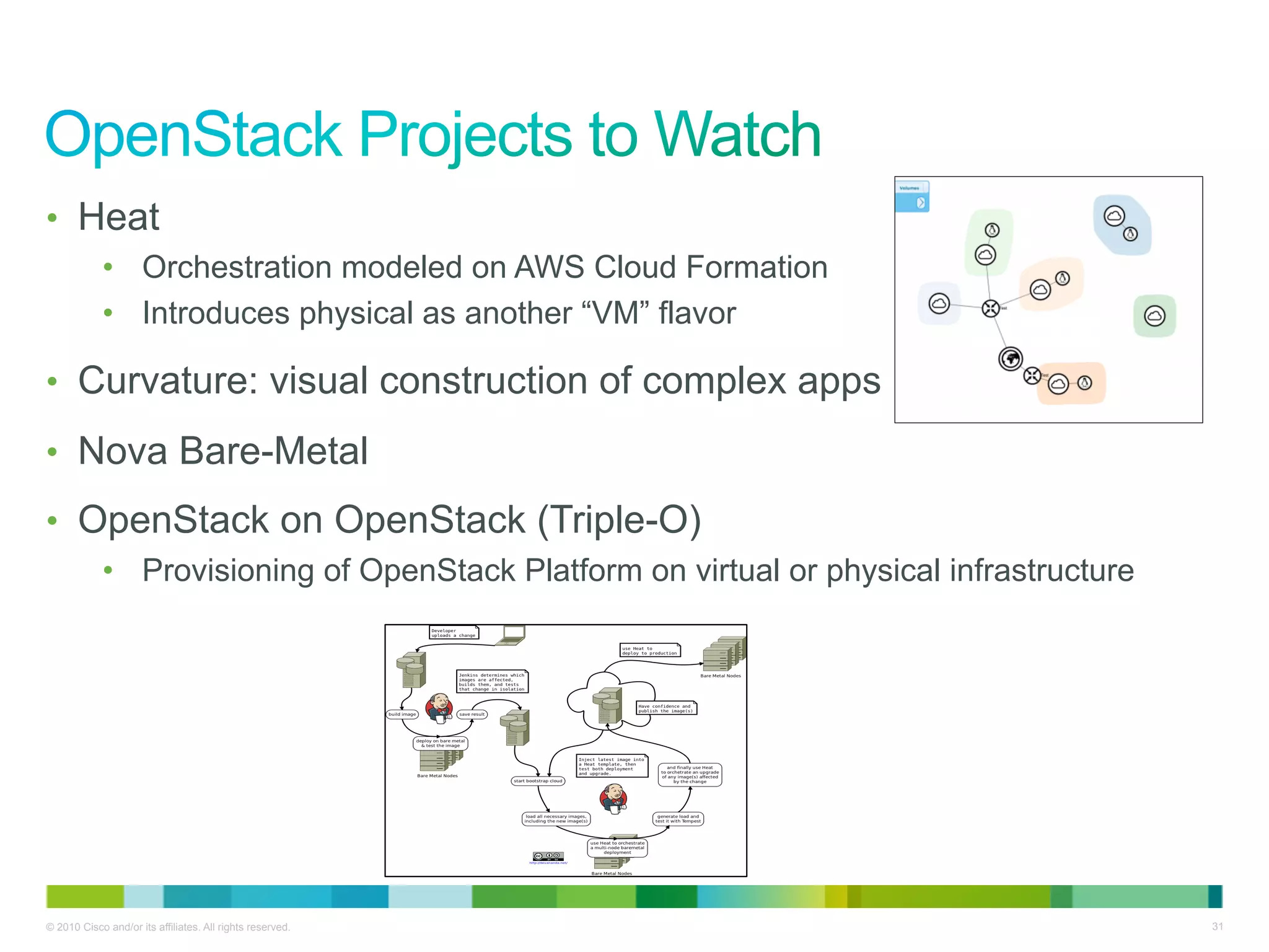 •  Heat
            •  Orchestration modeled on AWS Cloud Formation
            •  Introduces physical as another “VM” flavor

•  Curvature: visual construction of complex apps

•  Nova Bare-Metal
•  OpenStack on OpenStack (Triple-O)
            •  Provisioning of OpenStack Platform on virtual or physical infrastructure




© 2010 Cisco and/or its affiliates. All rights reserved.                                  31
 