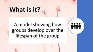 What is it?
A model showing how
groups develop over the
lifespan of the group
 
