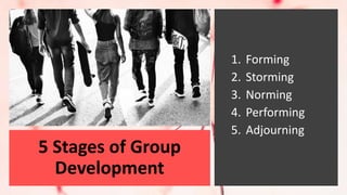 5 Stages of Group
Development
1. Forming
2. Storming
3. Norming
4. Performing
5. Adjourning
 