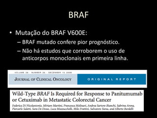 BRAF
• Mutação do BRAF V600E:
– BRAF mutado confere pior prognóstico.
– Não há estudos que corroborem o uso de
anticorpos monoclonais em primeira linha.
 