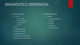DIAGNÓSTICO DIFERENCIAL
 Hiperandrogenismo
 Tumores
 Sertoli-Leydig
 Estromal esclerosante
 Gonadoblastoma
 Brenner
 SOP
 Hiperplasia estromal
 Hipertecose estromal
 Hiperreação luteinica
 Doença de Cushing (hipófise)
 Síndrome de Cushing (adrenal)
 Hiperestrogenismo
 Tumores
 Células da granulosa
 Tecoma
 Serosos
 Mucinosos
 Endometrioides
 