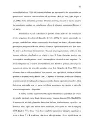 53
conhecido (Jonhson 1986). Vários estudos indicam que a composição dos aminoácidos nas
proteínas está envolvida com seus efeitos sob o colesterol (Huff & Carrol, 1980; Nagata et
al., 1981). Dietas alimentares contendo diferentes proteínas, mas com o mesmo universo
de aminoácidos resultam em variações nos valores de colesterol encontrados (Hermus et
al., 1979).
Uma nutrição rica em carboidratos ou gorduras é capaz de levar a um aumento nos
níveis sanguíneos do colesterol (González & Silva 2006). Os valores encontrados no
presente estudo indicam maiores concentrações de colesterol nas áreas A e B, onde existe a
presença de pastagens cultivadas, obtendo diferenças significativas entre estas duas áreas.
Na área C, a alimentação destes animais é baseada em pastagens nativas, tendo esta área
somente diferença significativa em relação à área B. Essas alterações sugerem que
diferenças na nutrição possam afetar a concentração de colesterol no soro sanguíneo. Os
níveis sanguíneos de colesterol têm valores máximos durante a gestação, em função do
aumento da síntese de esteróides gonadais nessa fase (González & Silva 2006). Em
Ctenomys lami, o ciclo reprodutivo é bem marcado, com o período de cópulas e início da
prenhez no inverno (Jundi & Freitas 2004). A hipótese de desvio no padrão dos valores de
colesterol, devido a mudanças fisiológicas associadas durante o período reprodutivo, não é
fortemente sustentada, uma vez que o período de amostragem representaria o início das
atividades copulatórias e de prenhez.
A enzima fosfatase alcalina encontra-se presente em maior quantidade em células
do epitélio intestinal, ossos, fígado, túbulos renais e placenta (Jenkins 2000, Thrall 2004).
O aumento da atividade plasmática da enzima fosfatase alcalina durante a gravidez, em
humanos, não é típica para muitos outros mamíferos, assim como no soro (Rosenquistj
1973; Healyp 1971; Boles 1972). Esse metabólito demonstrou alterações significativas
entre as áreas A e B, sendo que estas áreas não apresentam valores significativos em

 
