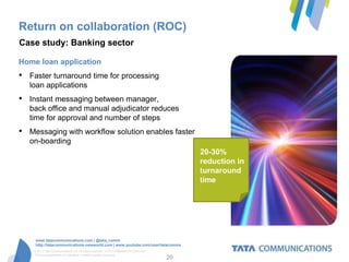 Return on collaboration (ROC)
Case study: Banking sector

Home loan application
•   Faster turnaround time for processing
    loan applications
•   Instant messaging between manager,
    back office and manual adjudicator reduces
    time for approval and number of steps
•   Messaging with workflow solution enables faster
    on-boarding
                                                                                         20-30%
                                                                                         reduction in
                                                                                         turnaround
                                                                                         time




      www.tatacommunications.com | @tata_comm
      http://tatacommunications-newworld.com | www.youtube.com/user/tatacomms
     © 2012 Tata Communications Ltd. All rights reserved. TATA COMMUNICATIONS and
     TATA are trademarks of Tata Sons Limited in certain countries.
                                                                                    20
 