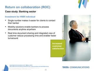 Return on collaboration (ROC)
Case study: Banking sector

Investment for HNW individual
•   Single number makes it easier for clients to contact
    their banker
•   Mobility solutions enable bankers to process
    documents anytime anywhere
•   Real time document sharing and integrated view of
    customer reduce processing time and enabler faster
    turnaround

                                                                                         Increased
                                                                                         customer
                                                                                         satisfaction




      www.tatacommunications.com | @tata_comm
      http://tatacommunications-newworld.com | www.youtube.com/user/tatacomms
     © 2012 Tata Communications Ltd. All rights reserved. TATA COMMUNICATIONS and
     TATA are trademarks of Tata Sons Limited in certain countries.
                                                                                    22
 