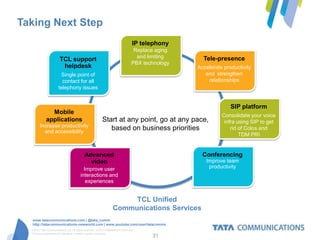 Taking Next Step
                                                                             IP telephony
                                                                             Replace aging
                                                                              and limiting     Tele-presence
                       TCL support
                                                                            PBX technology
                        helpdesk                                                             Accelerate productivity
                       Single point of                                                          and strengthen
                        contact for all                                                          relationships
                      telephony issues


                                                                                                           SIP platform
               Mobile
                                                                                                       Consolidate your voice
             applications                              Start at any point, go at any pace,              infra using SIP to get
        Increase productivity
          and accessibility
                                                          based on business priorities                     rid of Colos and
                                                                                                               TDM PRI


                                         Advanced                                              Conferencing
                                           video                                                Improve team
                                        Improve user                                             productivity
                                      interactions and
                                         experiences


                                                                   TCL Unified
                                                              Communications Services
   www.tatacommunications.com | @tata_comm
   http://tatacommunications-newworld.com | www.youtube.com/user/tatacomms
  © 2012 Tata Communications Ltd. All rights reserved. TATA COMMUNICATIONS and
  TATA are trademarks of Tata Sons Limited in certain countries.
                                                                                   31
 