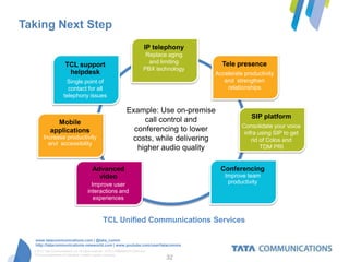 Taking Next Step
                                                                             IP telephony
                                                                             Replace aging
                                                                              and limiting     Tele presence
                       TCL support
                                                                            PBX technology
                        helpdesk                                                             Accelerate productivity
                       Single point of                                                          and strengthen
                        contact for all                                                          relationships
                      telephony issues

                                                                 Example: Use on-premise
                                                                                                           SIP platform
               Mobile                                                 call control and
                                                                                                       Consolidate your voice
             applications                                          conferencing to lower                infra using SIP to get
        Increase productivity                                     costs, while delivering                  rid of Colos and
          and accessibility
                                                                    higher audio quality                       TDM PRI


                                         Advanced                                              Conferencing
                                           video                                                Improve team
                                        Improve user                                             productivity
                                      interactions and
                                         experiences


                                                 TCL Unified Communications Services

   www.tatacommunications.com | @tata_comm
   http://tatacommunications-newworld.com | www.youtube.com/user/tatacomms
  © 2012 Tata Communications Ltd. All rights reserved. TATA COMMUNICATIONS and
  TATA are trademarks of Tata Sons Limited in certain countries.
                                                                                   32
 