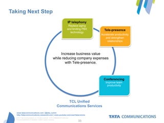 Taking Next Step
                                                                             IP telephony
                                                                             Replace aging
                                                                            and limiting PBX     Tele-presence
                                                                              technology
                                                                                               Accelerate productivity
                                                                                                  and strengthen
                                                                                                   relationships



                                                            Increase business value
                                                       while reducing company expenses
                                                               with Tele-presence.



                                                                                                 Conferencing
                                                                                                  Improve team
                                                                                                   productivity




                                                                  TCL Unified
                                                             Communications Services
   www.tatacommunications.com | @tata_comm
   http://tatacommunications-newworld.com | www.youtube.com/user/tatacomms
  © 2012 Tata Communications Ltd. All rights reserved. TATA COMMUNICATIONS and
  TATA are trademarks of Tata Sons Limited in certain countries.
                                                                                    33
 