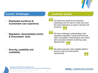 Current Challenges                                                                     Customer quotes

•   Distributed workforce &
    inconsistent user experience                                                       “   Our field force needs to be connected
                                                                                           seamlessly and my users in India must have




                                                                                                      ”
                                                                                           the same experience as users in Europe and
                                                                                           Americas



•   Regulation, decentralized control
    & inconsistent tools                                                               “   We have challenges understanding voice
                                                                                           regulations specially in parts of Asia and we
                                                                                           want a centralized administration and control




                                                                                                          ”
                                                                                           with a proactive network monitoring using
                                                                                           effective tools



•   Security, scalability and
                                                                                       “   We need a secured high available platform




                                                                                                                                 ”
                                                                                           that can meet my future growth
    availability                                                                           requirements




     www.tatacommunications.com | @tata_comm
     http://tatacommunications-newworld.com | www.youtube.com/user/tatacomms
    © 2012 Tata Communications Ltd. All rights reserved. TATA COMMUNICATIONS and
    TATA are trademarks of Tata Sons Limited in certain countries.
                                                                                   7
 