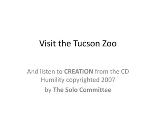 Visit the Tucson Zoo

And listen to CREATION from the CD
     Humility copyrighted 2007
       by The Solo Committee
 