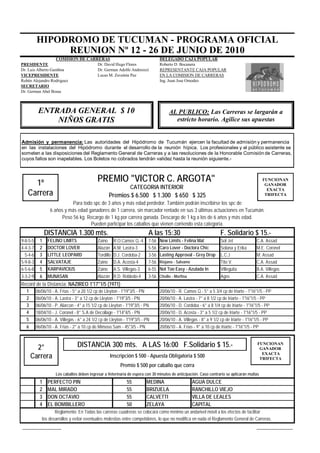 HIPODROMO DE TUCUMAN - PROGRAMA OFICIAL
               REUNION Nº 12 - 26 DE JUNIO DE 2010
                   COMISION DE CARRERAS                                           DELEGADO CAJA POPULAR
PRESIDENTE                         Dr. David Hugo Flores                          Roberto D. Bocanera
Dr. Luis Alberto Gamboa            Dr. German Adolfo Andreozzi                    REPRESENTANTE CAJA POPULAR
VICEPRESIDENTE                     Lucas M. Zavaleta Paz                          EN LA COMISION DE CARRERAS
Rubén Alejandro Rodriguez                                                         Ing. Juan Jose Omodeo
SECRETARIO
Dr. German Abel Bossa



           ENTRADA GENERAL $ 10                                                        AL PUBLICO: Las Carreras se largarán a
               NIÑOS GRATIS                                                              estricto horario. Agilice sus apuestas


Admisión y permanencia: Las autoridades del Hipódromo de Tucumán ejercen la facultad de admisión y permanencia
en las instalaciones del Hipódromo durante el desarrollo de la reunión hípica. Los profesionales y el público asistente se
someten a las disposiciones del Reglamento General de Carreras y a las resoluciones de la Honorable Comisión de Carreras,
cuyos fallos son inapelables. Los Boletos no cobrados tendrán validez hasta la reunión siguiente.-




     1º                                      PREMIO "VICTOR C. ARGOTA"                                                                        FUNCIONAN
                                                                                                                                               GANADOR
                                                                CATEGORIA INTERIOR
   Carrera
                                                                                                                                                EXACTA
                                                    Premios $ 6.500 $ 1.300 $ 650 $ 325                                                        TRIFECTA

                             Para todo spc de 3 años y más edad perdedor. También podrán inscribirse los spc de
                  6 años y más edad ganadores de 1 carrera, sin marcador rentado en sus 3 últimas actuaciones en Tucumán.
                       Peso 56 kg. Recargo de 1 kg por carrera ganada. Descargo de 1 kg a los de 6 años y más edad.
                                     Pueden participar los caballos que vienen corriendo esta categoría.
                DISTANCIA 1.300 mts.                                       A las 15:30                               F. Solidario $ 15.-
9-8-5-5     1    FELINO LIMITS               Zaino      R.O.Camos Q.-4     7-56   New Limits - Felina Mat            Sol Jet              C.A. Assad
4-4-3-7     2    DOCTOR LOVER                Alazán     A.M. Lastra-3      5-56   Caro Lover - Doctora Chic          Solana y Erika       M.E. Coronel
  5-4-6     3    LITTLE LEOPARD              Tordillo   D.J. Cordoba-2     3-56   Lasting Approval - Grey Drop       L.C.J                M. Assad
5-9-8-3     4    SALVATAJE                   Zaino      D.A. Acosta-4      7-56   Riojano - Salvame                  Tito V.              C.A. Assad
6-5-6-8     5    KARPAVICIUS                 Zaino      A.S. Villegas-3    6-55   Not Too Easy - Azulada In          Villeguita           B.A. Villegas
3-3-2-9     6    MUNASAN                     Alazán     R.D. Robledo-4     3-56   Chollo - Morfina                   Agos                 C.A. Assad
Record de la Distancia: NAZIREO 1'17"1/5 (1971)
  1       06/06/10 - A. Frias - 5° a 20 1/2 cp de Lleyton - 1'19"3/5 - PN         20/06/10 - R. Camos Q.- 5° a 5 3/4 cp de Iriarte - 1'16"1/5 - PP
  2       06/06/10 - A. Lastra - 3° a 12 cp de Lleyton - 1'19"3/5 - PN            20/06/10 - A. Lastra - 7° a 8 1/2 cp de Iriarte - 1'16"1/5 - PP
  3       06/06/10 - P. Alarcon - 4° a 15 1/2 cp de Lleyton - 1'19"3/5 - PN       20/06/10 - D. Cordoba - 6° a 8 1/4 cp de Iriarte - 1'16"1/5 - PP
  4       18/04/10 - J. Coronel - 8° S.A de Decollage - 1'14"4/5 - PN             20/06/10 - D. Acosta - 3° a 5 1/2 cp de Iriarte - 1'16"1/5 - PP
  5       06/06/10 - A. Villegas - 6° a 24 1/2 cp de Lleyton - 1'19"3/5 - PN      20/06/10 - A. Villegas - 8° a 9 1/2 cp de Iriarte - 1'16"1/5 - PP
  6       06/06/10 - A. Frias - 2° a 10 cp de Mimoso Sam - 45"3/5 - PN            20/06/10 - A. Frias - 9° a 10 cp de Iriarte - 1'16"1/5 - PP



        2°                        DISTANCIA 300 mts. A LAS 16:00 F.Solidario $ 15.-                                                       FUNCIONAN
                                                                                                                                           GANADOR
      Carrera                                        Inscripción $ 500 - Apuesta Obligatoria $ 500                                          EXACTA
                                                                                                                                           TRIFECTA
                                                           Premio $ 500 por caballo que corra
                     Los caballos deben ingresar a Veterinaria de espera con 30 minutos de anticipación. Caso contrario se aplicarán multas
            1    PERFECTO PIN                                 55          MEDINA                      AGUA DULCE
            2    MAL MIRADO                                   55          BRIZUELA                    RANCHILLO VIEJO
            3    DON OCTAVIO                                  55          CALVETTI                    VILLA DE LEALES
            4    EL BOMBILLERO                                50          ZELAYA                      CAPITAL
                    Reglamento: En Todas las carreras cuadreras se colocará como mínimo un andarivel móvil a los efectos de facilitar
             los desarrollos y evitar eventuales molestias entre competidores, lo que no modifica en nada el Reglamento General de Carreras.
 