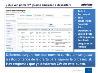 19
¿Qué ven primero? ¿Cómo empiezan a descartar?
© InfoJobs 2012
• Tests /
• Recomend.
• Edad
• Titulo (+alto)
• Provincia
• Años
experiencia
• Salario bruto
• Último puesto
• Resultado
preguntas de
filtrado
Debemos asegurarnos que nuestro currículum se ajusta
a estos criterios de la oferta para superar la criba inicial.
Hay empresas que ya descartan CVs en este punto.
 