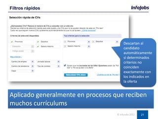 21
Filtros rápidos
© InfoJobs 2012
Descartan al
candidato
automáticamente
si determinados
criterios no
coinciden
exactamente con
los indicados en
la oferta
Aplicado generalmente en procesos que reciben
muchos currículums
 