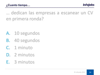 24
… dedican las empresas a escanear un CV
en primera ronda?
A. 10 segundos
B. 40 segundos
C. 1 minuto
D. 2 minutos
E. 3 minutos
¿Cuanto tiempo…
© InfoJobs 2012
 