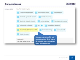 29
Conocimientos
© InfoJobs 2012
Aparecen en amarillo los
conocimientos de la oferta
de empleo que constan en
el CV del candidato
 