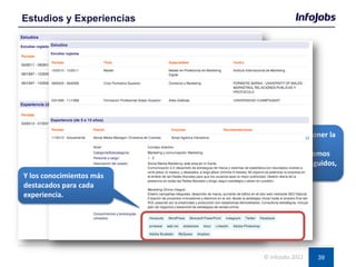 39
Estudios y Experiencias
© InfoJobs 2012
Recordar siempre poner la
descripción de las
experiencias, que hemos
hecho, logros conseguidos,
…Y los conocimientos más
destacados para cada
experiencia.
 