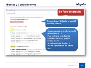 41
Idiomas y Conocimientos
© InfoJobs 2012
En fase de prueba!
Conocimientos de la oferta que NO
tenemos en el CV
Conocimientos de la oferta que SI
tenemos en el CV.
Para cada uno se indica las
experiencias en las que los
hemos usado
Se indica el total de años y
cuanto tiempo hace del último
uso
 