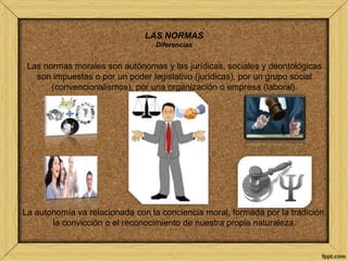 LAS NORMAS 
Diferencias 
Las normas morales son autónomas y las jurídicas, sociales y deontológicas 
son impuestas o por un poder legislativo (jurídicas), por un grupo social 
(convencionalismos), por una organización o empresa (laboral). 
La autonomía va relacionada con la conciencia moral, formada por la tradición, 
la convicción o el reconocimiento de nuestra propia naturaleza. 
 