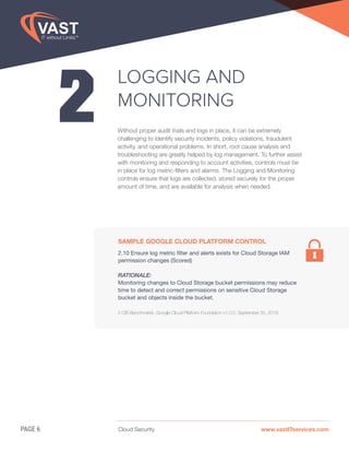 Cloud Security www.vastITservices.comPAGE 6
2
LOGGING AND
MONITORING
Without proper audit trails and logs in place, it can be extremely
challenging to identify security incidents, policy violations, fraudulent
activity, and operational problems. In short, root cause analysis and
troubleshooting are greatly helped by log management. To further assist
with monitoring and responding to account activities, controls must be
in place for log metric-filters and alarms. The Logging and Monitoring
controls ensure that logs are collected, stored securely for the proper
amount of time, and are available for analysis when needed.
SAMPLE GOOGLE CLOUD PLATFORM CONTROL
2.10 Ensure log metric filter and alerts exists for Cloud Storage IAM
permission changes (Scored)
RATIONALE:
Monitoring changes to Cloud Storage bucket permissions may reduce
time to detect and correct permissions on sensitive Cloud Storage
bucket and objects inside the bucket.
5 CIS Benchmarks, Google Cloud Platform Foundation v1.0.0, September 05, 2018.
 