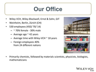 © 2019
• Wiley-VCH, Wiley-Blackwell, Ernst & Sohn, GIT
• Weinheim, Berlin, Zürich (CH)
• 530 employees (450/ 70/ 14)
– ~ 7...