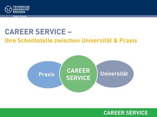 Career Service




CAREER SERVICE –
Ihre Schnittstelle zwischen Universität & Praxis



                             CAREER    Universität
                    Praxis
                             SERVICE




                                        CAREER SERVICE
 