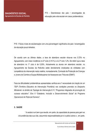 DIAGNÓSTICO SOCIAL                                    P15 - Desinteresse dos pais / encarregados de
Agrupamento de Escolas da Pedrulha                    educação pela vida escolar em casos problemáticos;




            P16 - Fracos níveis de escolarização com uma percentagem significativa de pais / encarregados
            de educação pouco letrados;




            De acordo com os últimos dados, a taxa de abandono escolar situa-se nos 0,72% no
            Agrupamento, com maior incidência no 2º ciclo (3,16 %) e no 3º ciclo 1,2%. De referir que a taxa
            de abandono no 1º ciclo é de 0,00%. Actualmente os alunos em abandono escolar, no
            Agrupamento de Escolas da Pedrulha estão devidamente sinalizados às entidades com
            competência de intervenção nesta matéria, nomeadamente, Comissão de Protecção de Crianças
            e Jovens de Coimbra e Equipa Multidisciplinar de Assessoria aos Tribunais (EMAT)



            Face às dificuldades/ problemáticas apresentadas verificou-se a” necessidade de criação de um
            TEIP (Território Educativo de Intervenção Prioritária) nas condições previstas no Despacho
            Ministerial, no âmbito da Tipologia de Intervenção 6.11: “Programas integrados de promoção do
            sucesso educativo”. Eixo 6 “Cidadania, Inclusão e Desenvolvimento Social” do Programa
            Operacional de Potencial Humano”.




            5. SAÚDE

                           “ A saúde é um bem que resulta, em parte, da capacidade da pessoa para gerir as
                  circunstâncias das sua vida, assumindo responsabilidade por si e pelos outros e , em parte,


                                                                    Agrupamento de Escolas da Pedrulha     6
                                                                       Escola Básica Rainha Santa Isabel
 