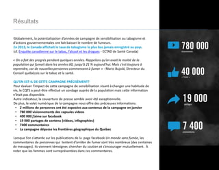 Résultats
Globalement, la potentialisation d’années de campagne de sensibilisation au tabagisme et
d’actions gouvernementales ont fait baisser le nombre de fumeurs.
En 2013, le Canada affichait le taux de tabagisme le plus bas jamais enregistré au pays.
(cf. Enquête canadienne sur le tabac, l’alcool et les drogues - ECTAD de Santé Canada)
« On a fait des progrès pendant quelques années. Rappelons qu’on avait la moitié de la
population qui fumait dans les années 60, jusqu'à 21 % aujourd'hui. Mais c'est toujours à
reprendre, car de nouvelles personnes commencent à fumer » - Mario Bujold, Directeur du
Conseil québécois sur le tabac et la santé.
QU’EN EST-IL DE CETTE CAMPAGNE PRÉCISÉMENT?
Pour évaluer l’impact de cette campagne de sensibilisation visant à changer une habitude de
vie, le CQTS a peut-être effectué un sondage auprès de la population mais cette information
n’était pas disponible.
Autre indicateur, la couverture de presse semble avoir été exceptionnelle.
De plus, le volet numérique de la campagne nous offre des précieuses informations:
• 2 millions de personnes ont été exposées aux contenus de la campagne en janvier
• 780 000 visionnements des capsules videos
• 400 000 j’aime sur facebook
• 19 000 partages de contenu (videos, infographies)
• 7400 commentaires
• La campagne dépasse les frontières géographique du Québec
Lorsque l’on s'attarde sur les publications de la page facebook Un monde sans fumée, les
commentaires de personnes qui tentent d’arrêter de fumer sont très nombreux (des centaines
de messages). Ils viennent témoigner, chercher du soutien et s’encourager mutuellement. À
noter que les femmes sont surreprésentées dans ces commentaires.
 