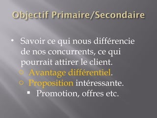 Savoir ce qui nous différencie de nos concurrents, ce qui pourrait attirer le client. Avantage différentiel . Proposition  intéressante. Promotion, offres etc. 