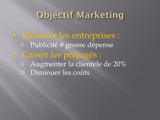 Rassurer les entreprises : Publicité ≠ grosse dépense Casser les préjugés : Augmenter la clientèle de 20% Diminuer les coûts 
