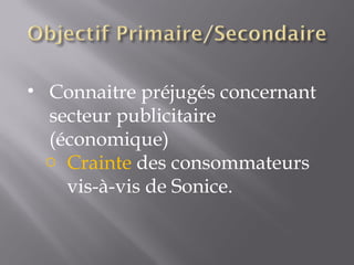 Connaitre préjugés concernant secteur publicitaire (économique) Crainte  des consommateurs vis-à-vis de Sonice. 