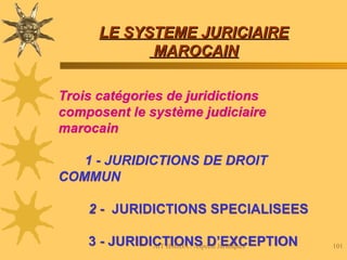 AIT HMIDA / Aspects Juridiques 101
LE SYSTEME JURICIAIRE
LE SYSTEME JURICIAIRE
MAROCAIN
MAROCAIN
Trois catégories de juridictions
composent le système judiciaire
marocain
1 - JURIDICTIONS DE DROIT
COMMUN
2 - JURIDICTIONS SPECIALISEES
3 - JURIDICTIONS D’EXCEPTION
 