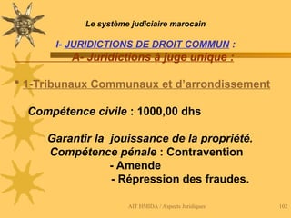 AIT HMIDA / Aspects Juridiques 102
Le système judiciaire marocain
I- JURIDICTIONS DE DROIT COMMUN :
A- Juridictions à juge unique :
 1-Tribunaux Communaux et d’arrondissement
Compétence civile : 1000,00 dhs
Garantir la jouissance de la propriété.
Compétence pénale : Contravention
- Amende
- Répression des fraudes.
 