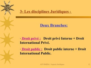 AIT HMIDA / Aspects Juridiques 12
3- Les disciplines Juridiques :
Deux Branches:
- Droit privé : Droit privé Interne + Droit
International Privé.
- Droit public : Droit public interne + Droit
International Public.
 