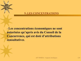 AIT HMIDA / Aspects Juridiques 129
5- LES CONCENTRATIONS
- Les concentrations économiques ne sont
autorisées qu’après avis du Conseil de la
Concurrence, qui est doté d’attributions
consultatives.
 