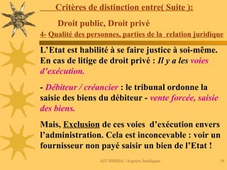 AIT HMIDA / Aspects Juridiques 18
Critères de distinction entre( Suite ):
Droit public, Droit privé
4- Qualité des personnes, parties de la relation juridique
L’Etat est habilité à se faire justice à soi-même.
En cas de litige de droit privé : Il y a les voies
d’exécution.
- Débiteur / créancier : le tribunal ordonne la
saisie des biens du débiteur - vente forcée, saisie
des biens.
Mais, Exclusion de ces voies d’exécution envers
l’administration. Cela est inconcevable : voir un
fournisseur non payé saisir un bien de l’Etat !
 