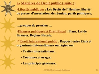 AIT HMIDA / Aspects Juridiques 21
a- Matières de Droit public ( suite ):
•Libertés publiques : Les Droits de l’Homme, liberté
de presse, d’association, de réunion, partis politiques,
…groupes de pression …
•Finances publiques et Droit Fiscal : Plans, Loi de
finances, Régime Fiscale.
•* Droit International public : Rapport entre Etats et
organismes internationaux ou régionaux.
- Traités internationaux,
- Coutumes et usages,
- Les principes généraux,
 