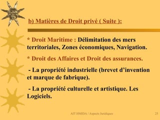 AIT HMIDA / Aspects Juridiques 25
b) Matières de Droit privé ( Suite ):
* Droit Maritime : Délimitation des mers
territoriales, Zones économiques, Navigation.
* Droit des Affaires et Droit des assurances.
- La propriété industrielle (brevet d’invention
et marque de fabrique).
- La propriété culturelle et artistique. Les
Logiciels.
 