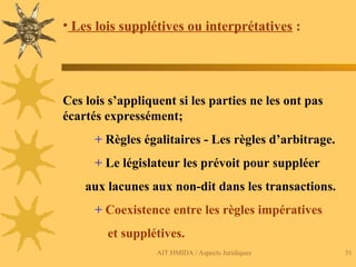 AIT HMIDA / Aspects Juridiques 31
• Les lois supplétives ou interprétatives :
Ces lois s’appliquent si les parties ne les ont pas
écartés expressément;
+ Règles égalitaires - Les règles d’arbitrage.
+ Le législateur les prévoit pour suppléer
aux lacunes aux non-dit dans les transactions.
+ Coexistence entre les règles impératives
et supplétives.
 