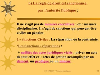 AIT HMIDA / Aspects Juridiques 32
b) La règle de droit est sanctionnée
par l’autorité Publique :
Il ne s’agit pas de mesures coercitives ; ex : mesures
disciplinaires. Il s’agit de sanctions qui peuvent être
civiles ou pénales
1 - Sanctions Civiles : La réparation ou la contrainte.
•Les Sanctions / réparations :
+ nullités des actes juridiques viciés : priver un acte
de tout effet ex : actes de gestion accomplis par un
dément, un prodigue ou un mineur.
 