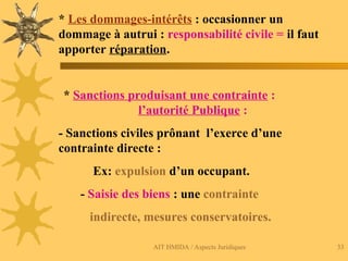 AIT HMIDA / Aspects Juridiques 33
* Les dommages-intérêts : occasionner un
dommage à autrui : responsabilité civile = il faut
apporter réparation.
* Sanctions produisant une contrainte :
l’autorité Publique :
- Sanctions civiles prônant l’exerce d’une
contrainte directe :
Ex: expulsion d’un occupant.
- Saisie des biens : une contrainte
indirecte, mesures conservatoires.
 