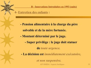 AIT HMIDA / Aspects Juridiques 55
B - Innovations Introduites en 1993 (suite)
4- Entretien des enfants :
- Pension alimentaire à la charge du père
solvable et de la mère fortunée.
- Montant déterminé par le juge.
- Super privilège : le juge doit statuer
de toute urgence.
- La décision est immédiatement exécutoire,
et non suspensive.
 