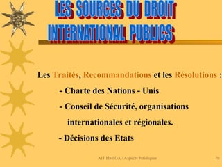 AIT HMIDA / Aspects Juridiques 70
Les Traités, Recommandations et les Résolutions :
- Charte des Nations - Unis
- Conseil de Sécurité, organisations
internationales et régionales.
- Décisions des Etats
 