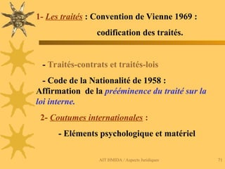 AIT HMIDA / Aspects Juridiques 71
1- Les traités : Convention de Vienne 1969 :
codification des traités.
- Traités-contrats et traités-lois
- Code de la Nationalité de 1958 :
Affirmation de la prééminence du traité sur la
loi interne.
2- Coutumes internationales :
- Eléments psychologique et matériel
 