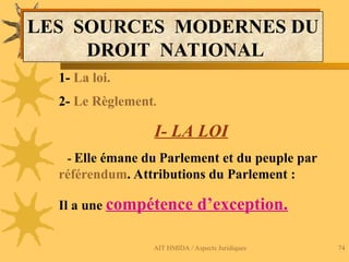 AIT HMIDA / Aspects Juridiques 74
LES SOURCES MODERNES DU
DROIT NATIONAL
1- La loi.
2- Le Règlement.
I- LA LOI
- Elle émane du Parlement et du peuple par
référendum. Attributions du Parlement :
Il a une compétence d’exception.
 