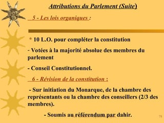 AIT HMIDA / Aspects Juridiques 78
Attributions du Parlement (Suite)
5 - Les lois organiques :
* 10 L.O. pour compléter la constitution
- Votées à la majorité absolue des membres du
parlement
- Conseil Constitutionnel.
6 - Révision de la constitution :
- Sur initiation du Monarque, de la chambre des
représentants ou la chambre des conseillers (2/3 des
membres).
- Soumis au référendum par dahir.
 